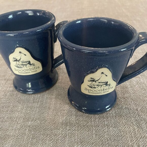 Handmade Set of 2 Clay Mugs Spoonhills Matagorda, TX Navy Made in USA! - Picture 1 of 6